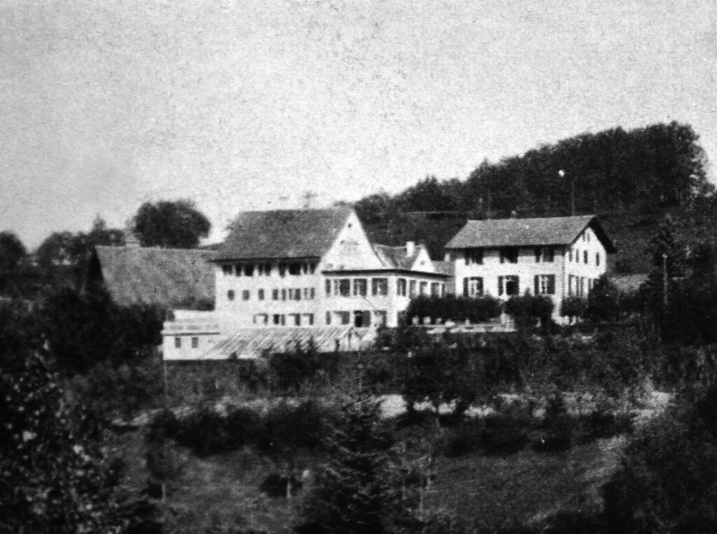 Die Erziehungsanstalt Ringwil von Aussen, umgeben von Wald und wiesen, 1930