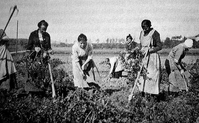 Mädchen in Röcken mit Hacken bei der Feldarbeit auf dem Gelände des Mädchenheims Heimgarten, Bülach